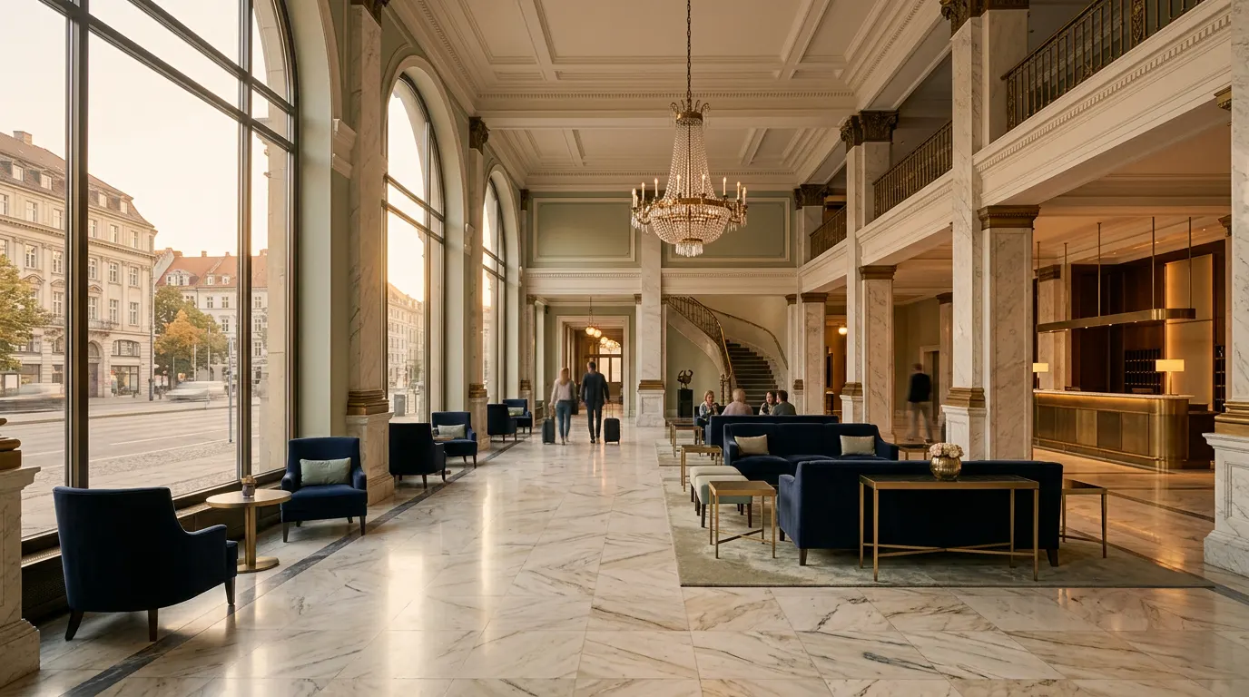 A sunlit grand hotel lobby with marble floors and navy velvet seating