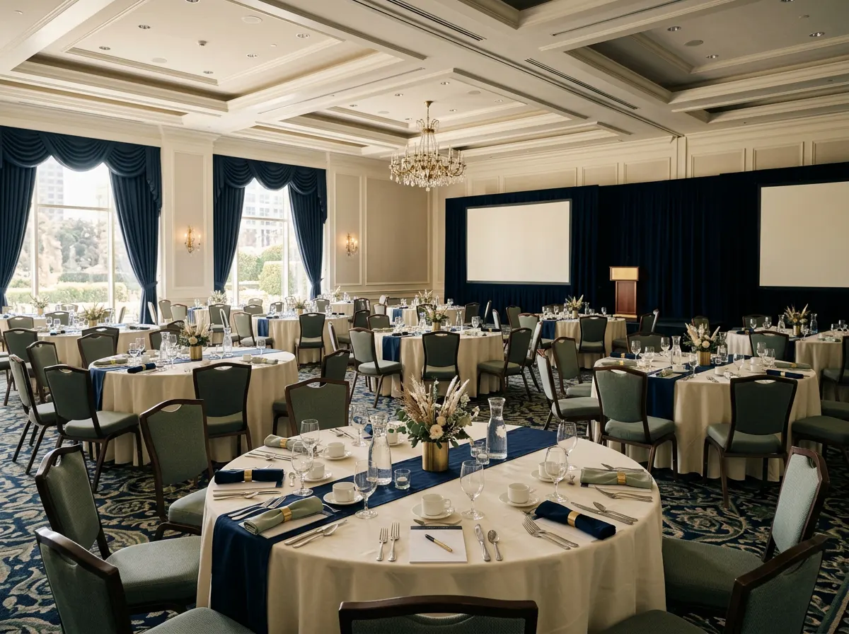 A hotel ballroom set with round tables in ivory and navy for a corporate meeting