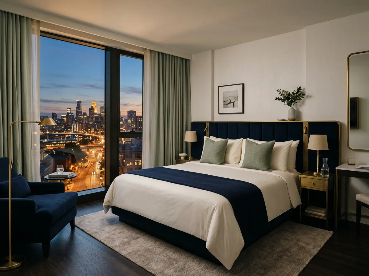 A calm upscale hotel room with navy headboard overlooking a city skyline at dusk